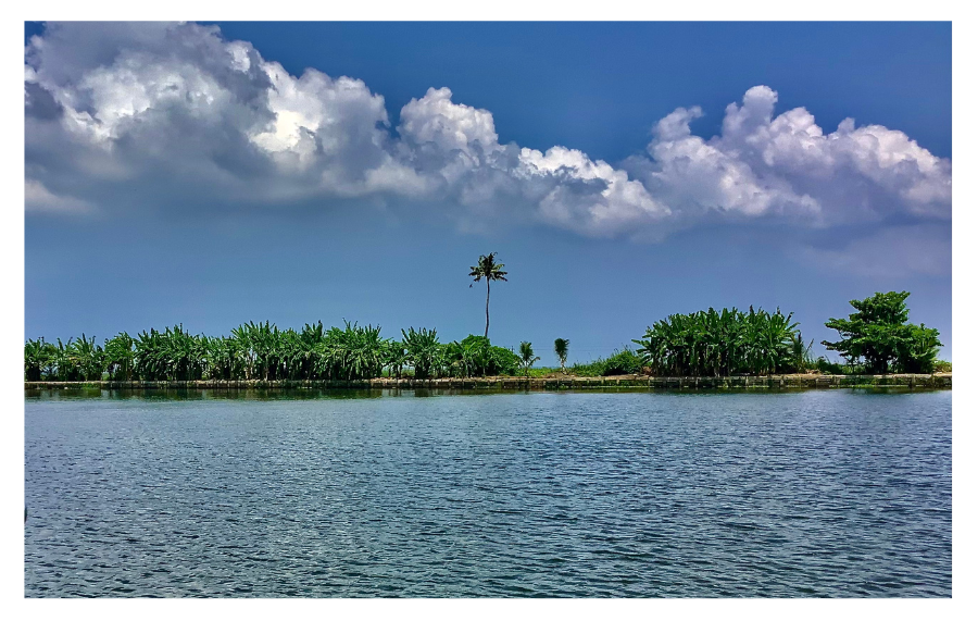 See-clouds like smoke move through blue sky over a calm lake 