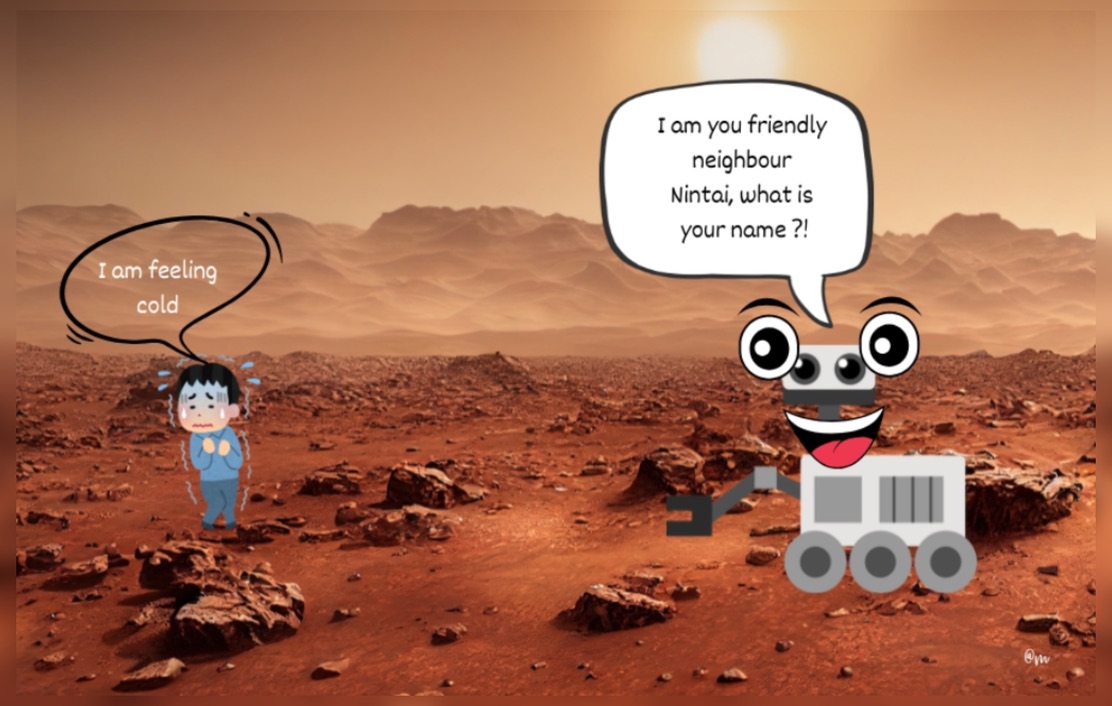 animated rover and a kid cold on Mars surface 
