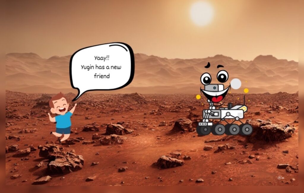 animation of a rover with a face and a small kid happy